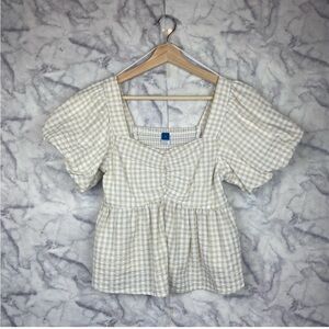 Old Navy Gingham Smocked Peplum Puff Sleeve Babydoll Blouse